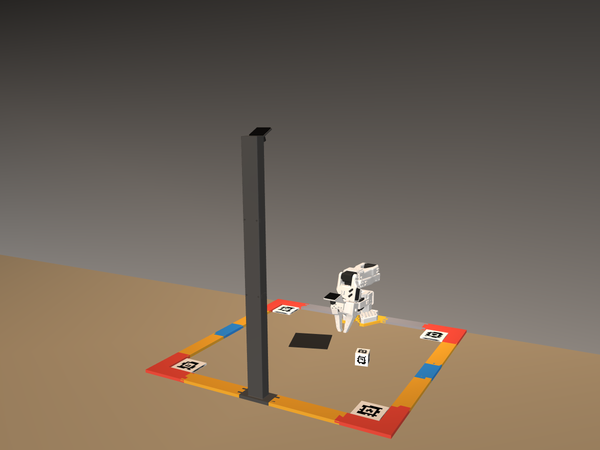 3D rendering of the same scene: robot arm, camera mast, marked workspace, cube, and
    target plate